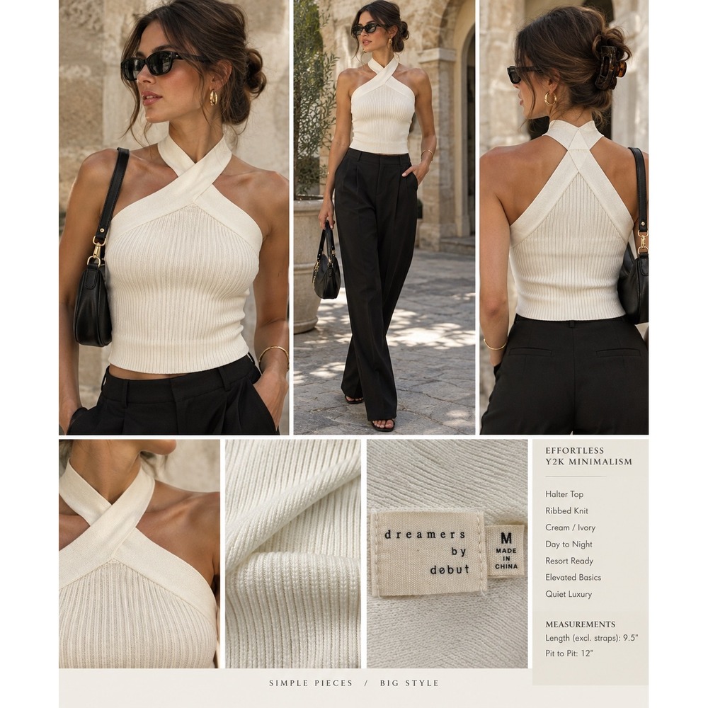 Dreamers by Debut Halter Top M Ivory Ribbed Knit Y2K Criss Cross Minimalist